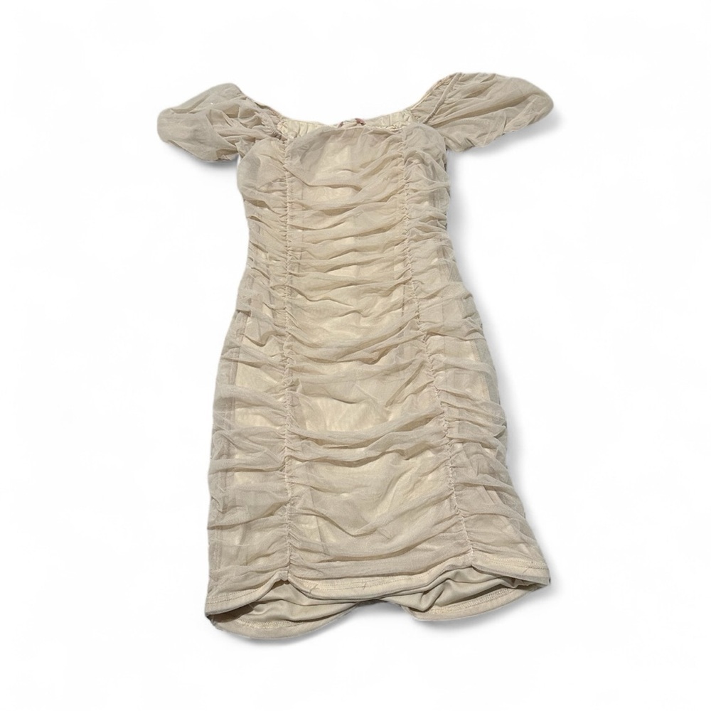 Blue Blush Tan Mesh Corset Puff Shoulder 1/4 Sleeve Bodycon Mini Dress Medium